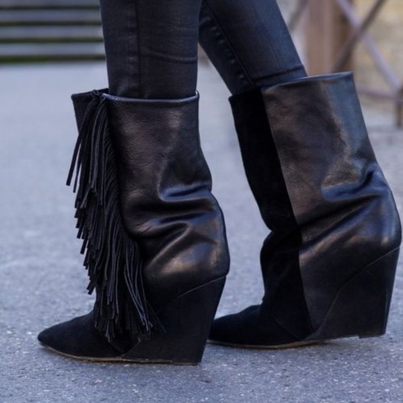 Isabel Marant Black Leather Tassle Wedge Booties - Picture 5 of 6